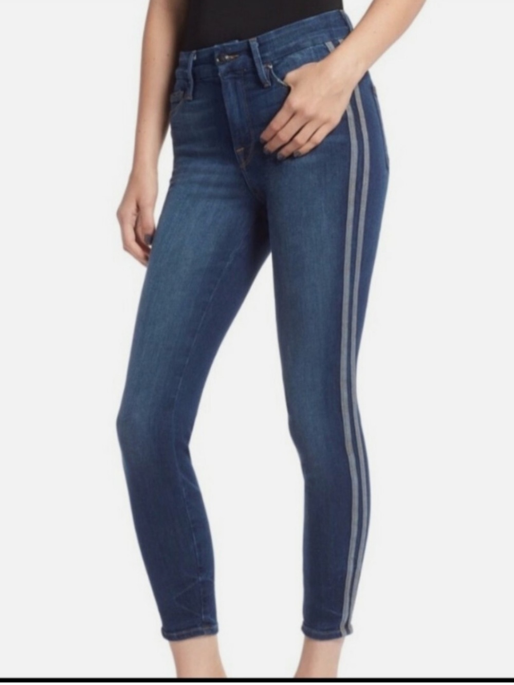 Good American Dark Blue Skinny Jeans with Light Side Stripes
